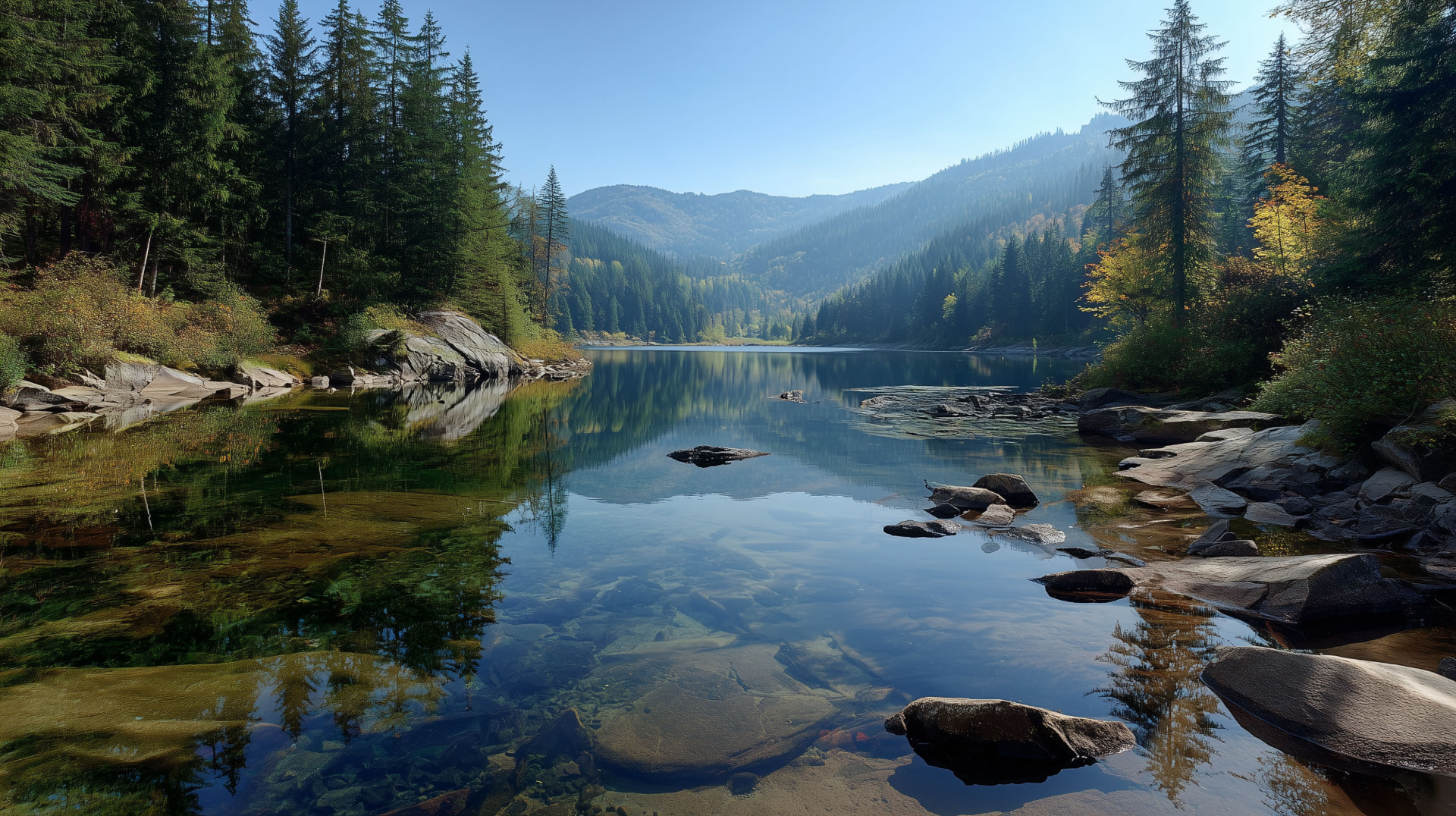 A serene forest lake at sunrise with still water and mountain reflections