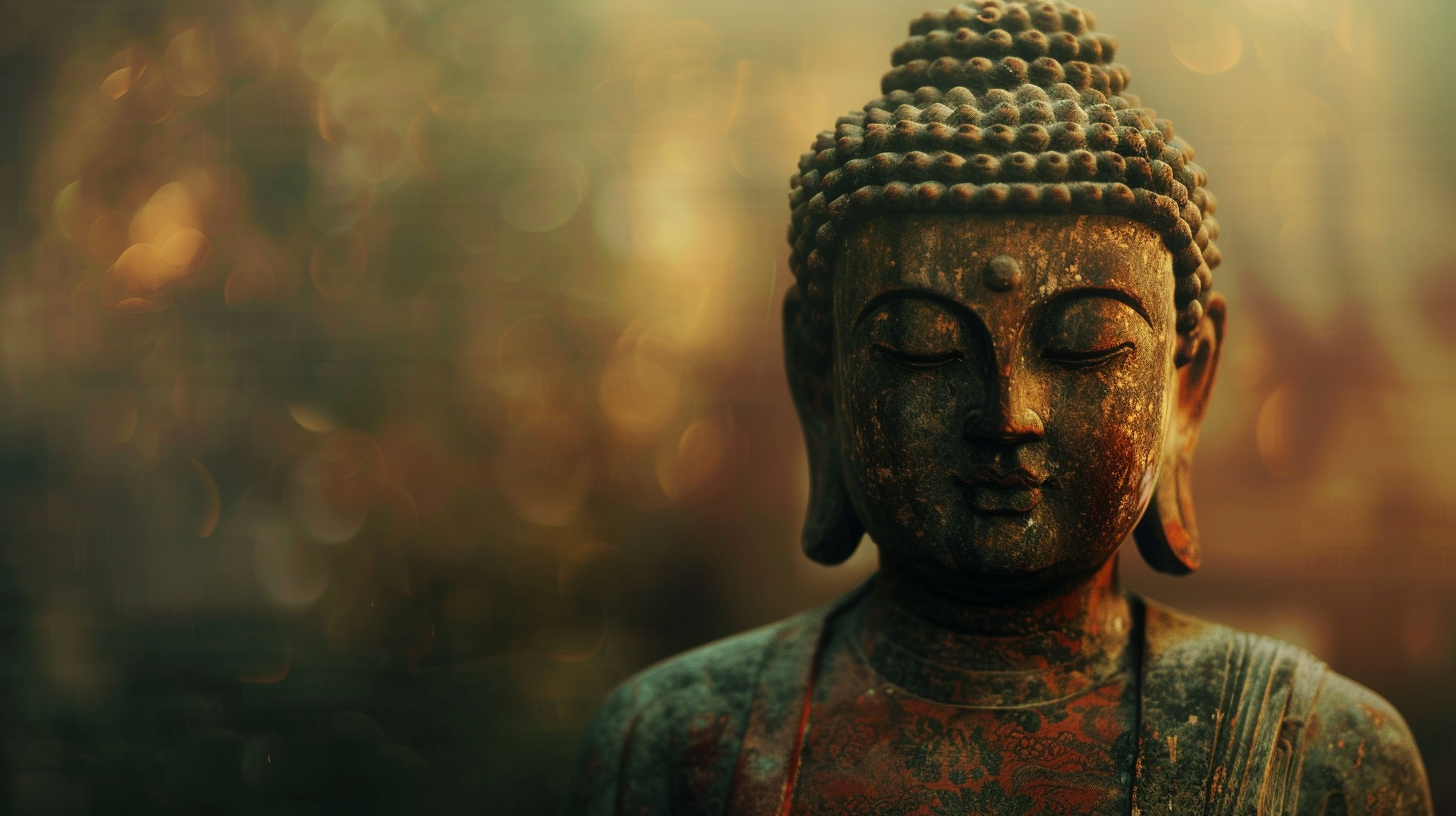 A serene Buddha statue bathed in warm golden light