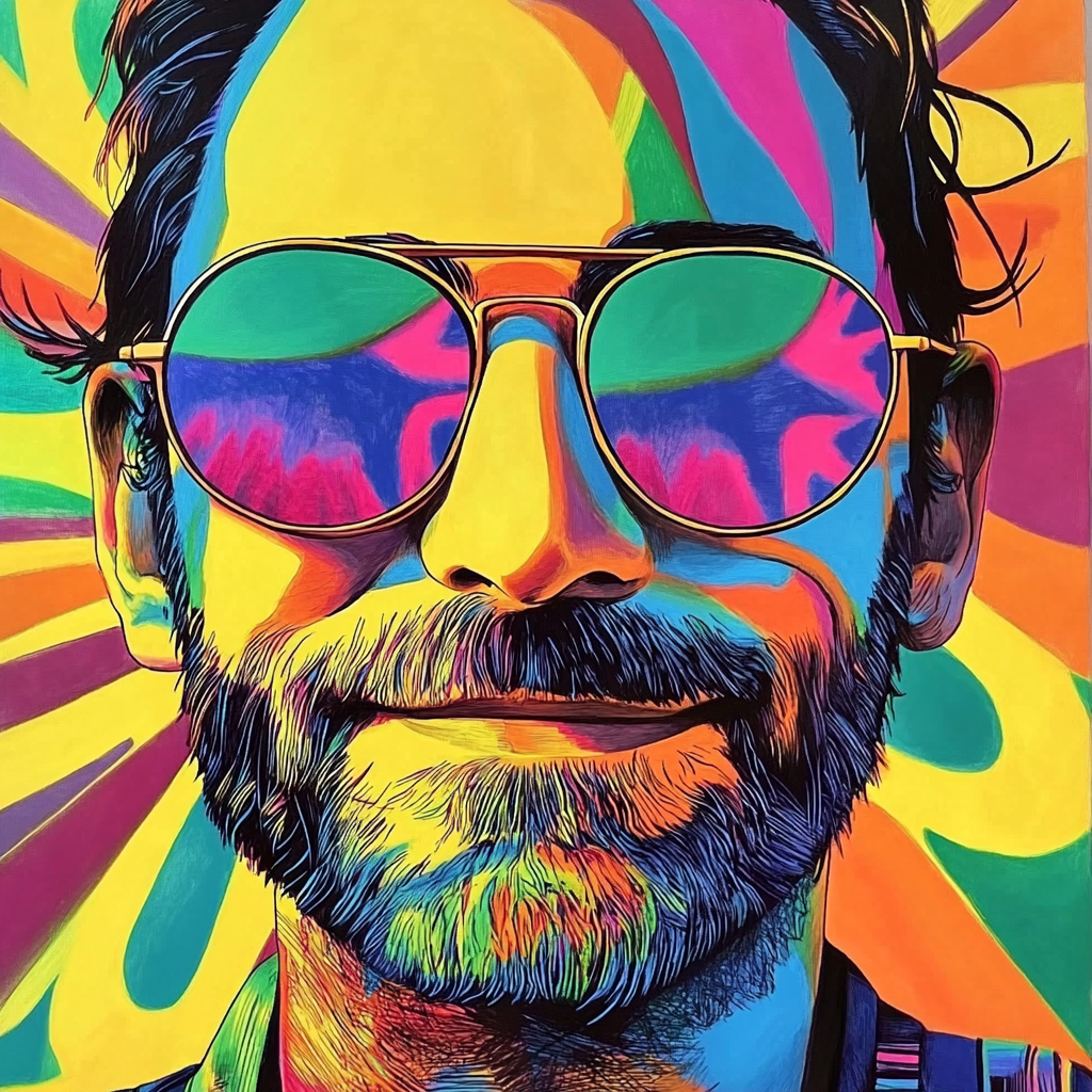 Vibrant pop-art portrait of the Midlife Mystic in sunglasses